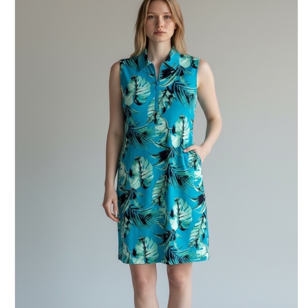 Tommy Bahama Golf Dress Womens M Teal Tropical Palm Leaf‎ Sleeveless Quarter Zip